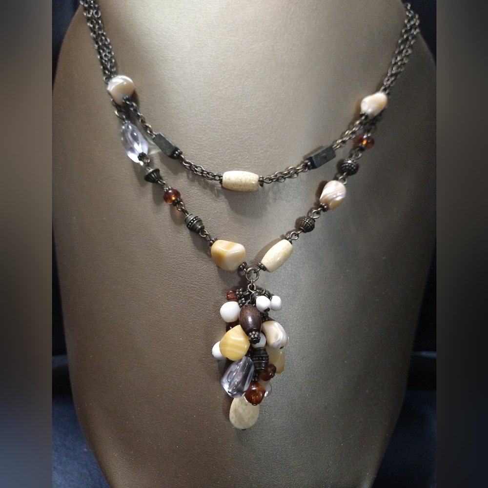 Double strand chunky beaded necklace cluster pendant wood glass stone